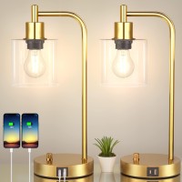 Set Of 2 Gold Industrial Table Lamps With 2 Usb Ports, Elizabeth Vintage Desk Lamps, 3-Way Dimmable Nightstand Lamps With Glass Shade E26 Bulb For Bedroom Living Room Office, Led Bedside Reading Lamps