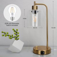 Set Of 2 Gold Industrial Table Lamps With 2 Usb Ports, Elizabeth Vintage Desk Lamps, 3-Way Dimmable Nightstand Lamps With Glass Shade E26 Bulb For Bedroom Living Room Office, Led Bedside Reading Lamps