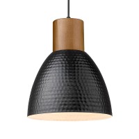 Elyona Industrial Pendant Light, Hammered Hanging Lamp With Solid Wood & Metal Shade, Modern Pendant Light Fixtures For Kitchen Island, Bar, Farmhouse Dining Room, Bedroom, Living Room - Black