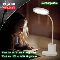 Golspark Battery Operated Desk Lamp Led Rechargeable 4500Mah White Led Desk Lamps Dimmable, Touch Control 360Flexible Dorm Reading Lamp For Students-3 Color Modes With Pen Holder Phone Stand