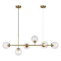 Kco Lighting 6 Light Bubble Chandelier Lighting Clear Glass Globe Chandelier Brass Gold Linear Chandelier Mid Century Modern Pendant Light For Living Room Kitchen Island Dining Room