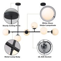 Kco Lighting Mid Century Modern Chandelier Black Linear Sputnik Pendant Light Contemporary 6-Light Glass Globe Chandelier Adjustable Kitchen Island Pendant Lighting (Black+White)