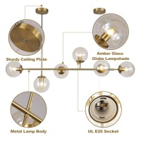 Kco Lighting Globe Linear Chandelier 6 Light Amber Glass Pendant Light Fixture Gold Kitchen Island Chandelier Lighting Long Brass Sputnik Chandelier Dining Room Ceiling Lights