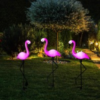 Mudder 3 Pieces Flamingo Solar Lights Outdoor Pink Flamingo Yard Waterproof Flamingo Stake Lights Solar Decorations Lawn Garden