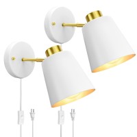 Yollzey Plug In Wall Sconces, Rotatable Angle White Wall Lamp With Plug In Cord Metal Vintage Industrial Wall Mounted Light Reading Light For Bedroom Bedside Doorway(2 Pack)