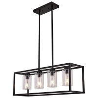 Xilicon Black Dining Room Chandeliers Lighting Fixture Linear Pendant Modern 4-Light With Glass Shades Vintage Farmhouse Ceiling Light Hanging For Kitchen Island Cafe Bar