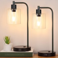 Industrial Touch Control Table Lamps Set Of 2 - Black Bedside Lamps With 2 Usb Ports And Ac Outlet, 3-Way Dimmable Nightstand Desk Lamp For Bedroom Living Room, Glass Shade & 2 Led Bulbs Included