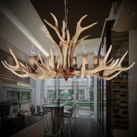 Antlers Chandelier Resin 10 Light Xindar Retro Deer Horn Shaped Pendant Light Farmhouse Rustic Candle Style Dining Room Hanging Ceiling Light, Brown