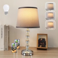 Unfusne Crystal Lamp For Bedroom 3 Way Dimmable - Touch Control Bedside Table Lamp With Usb A+C Port Grey Nightstand Lamps Small Lamps For Living Room, Dorm, Home,Office (Led Bulb Included)