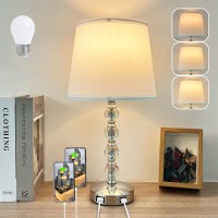 Touch Control Crystal Table Lamp With Usb Port, 3 Way Dimmable Nightstand 17 Bedside Small Lamps With White Fabric Shade For Bedroom, Living Room, Dorm, Home,Office(Led Bulb Included)