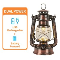 Rechargeable Vintage Hurricane Lantern, Warm White Battery Operated Lantern With Dimmable Switch, 15 Leds Metal Hanging Lantern For Indoor Or Outdoor Usage, Charging Cable And Battery Included(Copper)