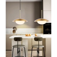 Baoden Modern Pendant Lighting Set Of 2 Industrial Hanging Light Brushed Brass Finished Dome Shades White Globe Glass Lampshade Light Fixture For Kitchen Island, Living Room, Dining Room