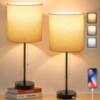 Dott Arts Usb Bedside Table Lamp, 2700K-5000K Nightstand Lamp With Pull Chain, Table Lamp Set Of 2 With Usb Port & Ac Outlet, Lamps For Bedrooms Living Room, 2 Bulbs Included,Beige Shade,2Pk,Black