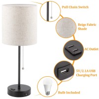 Dott Arts Usb Bedside Table Lamp, 2700K-5000K Nightstand Lamp With Pull Chain, Table Lamp Set Of 2 With Usb Port & Ac Outlet, Lamps For Bedrooms Living Room, 2 Bulbs Included,Beige Shade,2Pk,Black