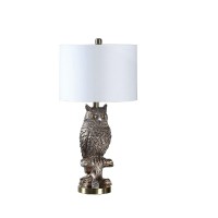 Benjara Polyresin Sitting Owl Design Table Lamp With Round Base, Silver