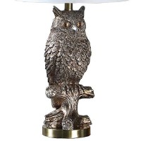 Benjara Polyresin Sitting Owl Design Table Lamp With Round Base, Silver