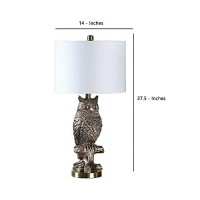 Benjara Polyresin Sitting Owl Design Table Lamp With Round Base, Silver