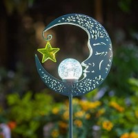 Hapjoy Outdoor Solar Lights Garden Decor For Patio,Lawn Or Pathway Moon Decorations Crackle Glass Globe Stake Metal Lights Waterproof Warm Led Garden Gifts (Blue)