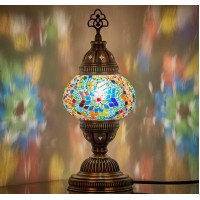 Demmex Handmade Colorful Mosaic Glass Table Desk Bedside Lamp Lampshade With Antique Brass Base, Small 11.8X5.5 (Sea Blue)