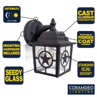 Coramdeo Country Star Outdoor Dusk To Dawn Farmhouse Porch Light For Porch, Patio, And More, E26 Standard Socket, Suitable For Wet Location, Black Powder Coat Cast Aluminum With Seedy Glass