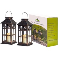 Steadydoggie Solar Lantern Classic Bronze 2 Pack Hanging Solar Lights With Flickering Candle Led Retro Ornate Hanging Solar