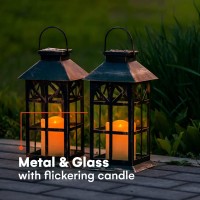 Steadydoggie Solar Lantern Classic Bronze 2 Pack Hanging Solar Lights With Flickering Candle Led Retro Ornate Hanging Solar