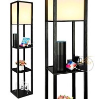 Folksmate Led Shelf Floor Lamp With Usb Charging Ports,Type C Port & Power Outlet, 3 Way Dimmable Touch Control Modern Standing Lamps With Shelves For Bedroom, Living Room