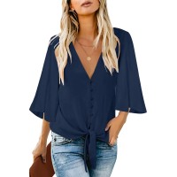 Uqnaivs Womens V Neck Button Down Shirt 34 Sleeve Blouses Tie Knot Tops Xx-Large