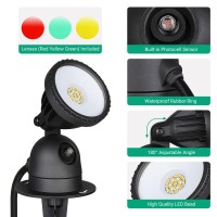 Edishine Spotlight Outdoor Led With 3 Lenses (Red Yellow Green), Dusk To Dawn Light Sensor Plug In Landscape Light, 120V 12W Led Spot Light Outdoor With 3 Ft Extension Cord, Ul Listed