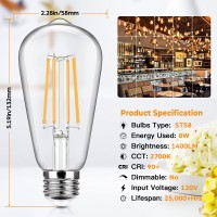 4-Pack Vintage Led Edison Bulbs 100W Equivalent 1400Lm High Brightness 8W St58 Led Filament Light Bulbs 2700K Soft Warm White E26 Medium Base Cri90+ Antique Clear Glass For Home Bedroom, Non-Dimmable