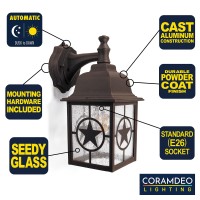 Coramdeo Country Star Outdoor Dusk To Dawn Farmhouse Wall Light For Entry, Patio, And More, E26 Standard Socket, Suitable For Wet Location, Rust Finished Cast Aluminum With Seedy Glass