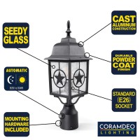 Coramdeo Country Star Outdoor Dusk To Dawn Farmhouse Post Light For Gates, Entries, And More, E26 Standard Socket, Suitable For Wet Location, Black Powder Coat Cast Aluminum With Seedy Glass