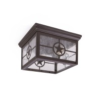 Coramdeo Country Star Square 2 Light Ceiling Mount Farmhouse Fixture, Indoor Or Outdoor, Two Standard Sockets, Open Bottom, Damp Location, Rust Finish With Seedy Glass