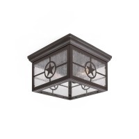 Coramdeo Country Star Square 2 Light Ceiling Mount Farmhouse Fixture, Indoor Or Outdoor, Two Standard Sockets, Open Bottom, Damp Location, Rust Finish With Seedy Glass