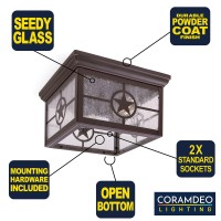 Coramdeo Country Star Square 2 Light Ceiling Mount Farmhouse Fixture, Indoor Or Outdoor, Two Standard Sockets, Open Bottom, Damp Location, Rust Finish With Seedy Glass