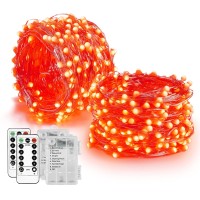 Homemory Red Halloween Fairy Lights Battery Operated With Remote, 2 Pack 33 Ft 100 Led Christmas String Lights, Waterproof 8 Modes Firefly Twinkle Silver Wire Lights For Bedroom Decor