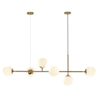 Bokt Brass Gold 6-Lights Straight Pendant Light Fixture Mid Century Modern Linear Sputnik Chandelier Large Globe Kitchen Island Dining Pendant Lighting Milk Glass Globe Pendant Lamp