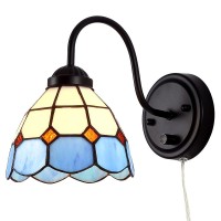 Tiffany Bedside Wall Mount Lamp With Dimmable Switch, Industrial Vintage Gooseneck Wall Sconce With Plug In Cord, Sea Blue Stained Glass Shade Wall Light Perfect For Bedroom, Living Room And Hotel