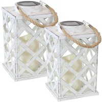 Sunnydaze Modern Crosshatch 9-Inch Solar Led Decorative Candle Lantern - Tabletop/Hanging Light - Set Of 2 - White