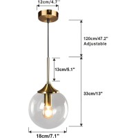 Kco Lighting Clear Glass Globe Hanging Light 1-Light Mid Century Modern Light Fixture Pendant Light Adjustable For Indoor Bedroom Kitchen Island Living Room (Clear)