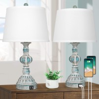 Farmhouse 3-Way Dimmable Touch Table Lamps With 2 Usb Ports, Set Of 2 Coastal Bedroom Bedside Reading Lamps, Modern Rustic Nightstand Desk Lamps For Living Room In Washed Blue, Led Bulbs Included