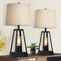 Set Of 2 Farmhouse Touch Table Lamps With Usb Ports, 3-Way Dimmable Bedside Nightstand Lamp, 2 Light Rustic Industrial Table Lamps For Living Room Bedrooms Reading Room, Rotary Switch, Bulbs Included