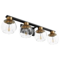 Pazala 4 Light Black And Gold Bathroom Vanity Light Fixture Over Mirror Modern 30 In Globe Glass 1698-4-Hj