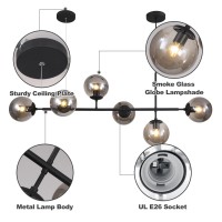 Kco Lighting 6-Light Mid Century Modern Rectangle Sputnik Chandelier Black Farmhouse Linear Chandelier Glass Globe Pendant Light Vintage Kitchen Island Lighting (Black+Smoke Gray)