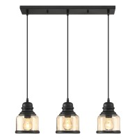 Motini 3-Light Linear Glass Pendant Light For Kitchen Island Hanging Lighting Fixture Chandelier For Dining Room, Black And Amber Glass Shade