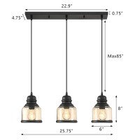 Motini 3-Light Linear Glass Pendant Light For Kitchen Island Hanging Lighting Fixture Chandelier For Dining Room, Black And Amber Glass Shade