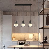 Motini 3-Light Linear Glass Pendant Light For Kitchen Island Hanging Lighting Fixture Chandelier For Dining Room, Black And Amber Glass Shade