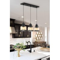 Motini 3-Light Linear Glass Pendant Light For Kitchen Island Hanging Lighting Fixture Chandelier For Dining Room, Black And Amber Glass Shade