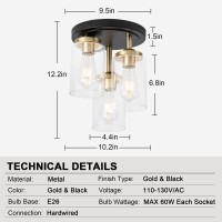 Mayful Semi Flush Mount Ceiling Light 3Light Clear Glass Shade Ceiling Light Fixture Gold Finish Cluster Cylinder Ceiling Lig