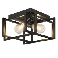 Feanron 2Light Flush Mount Ceiling Light Fixture Industrial Black Metal Ceiling Light Modern Rectangle Close To Ceiling Light